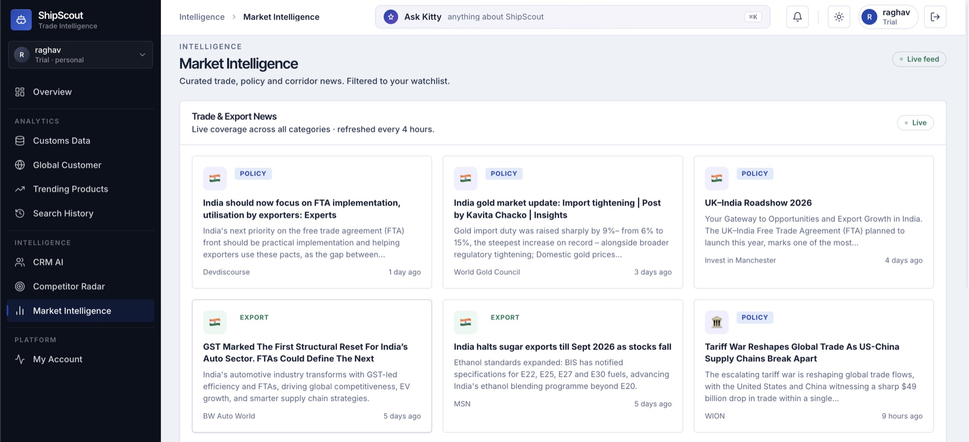 ShipScout market intelligence and trade analytics inside the platform